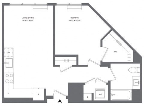 Floor plan for 1 bed, 1 bath, 664 sqft